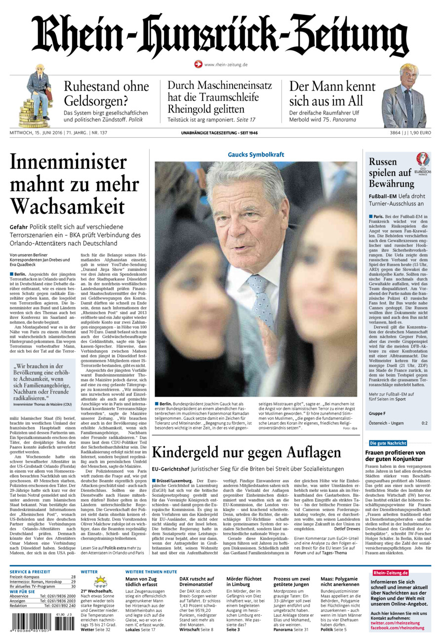 Rhein-Hunsrück-Zeitung vom Mittwoch, 15.06.2016