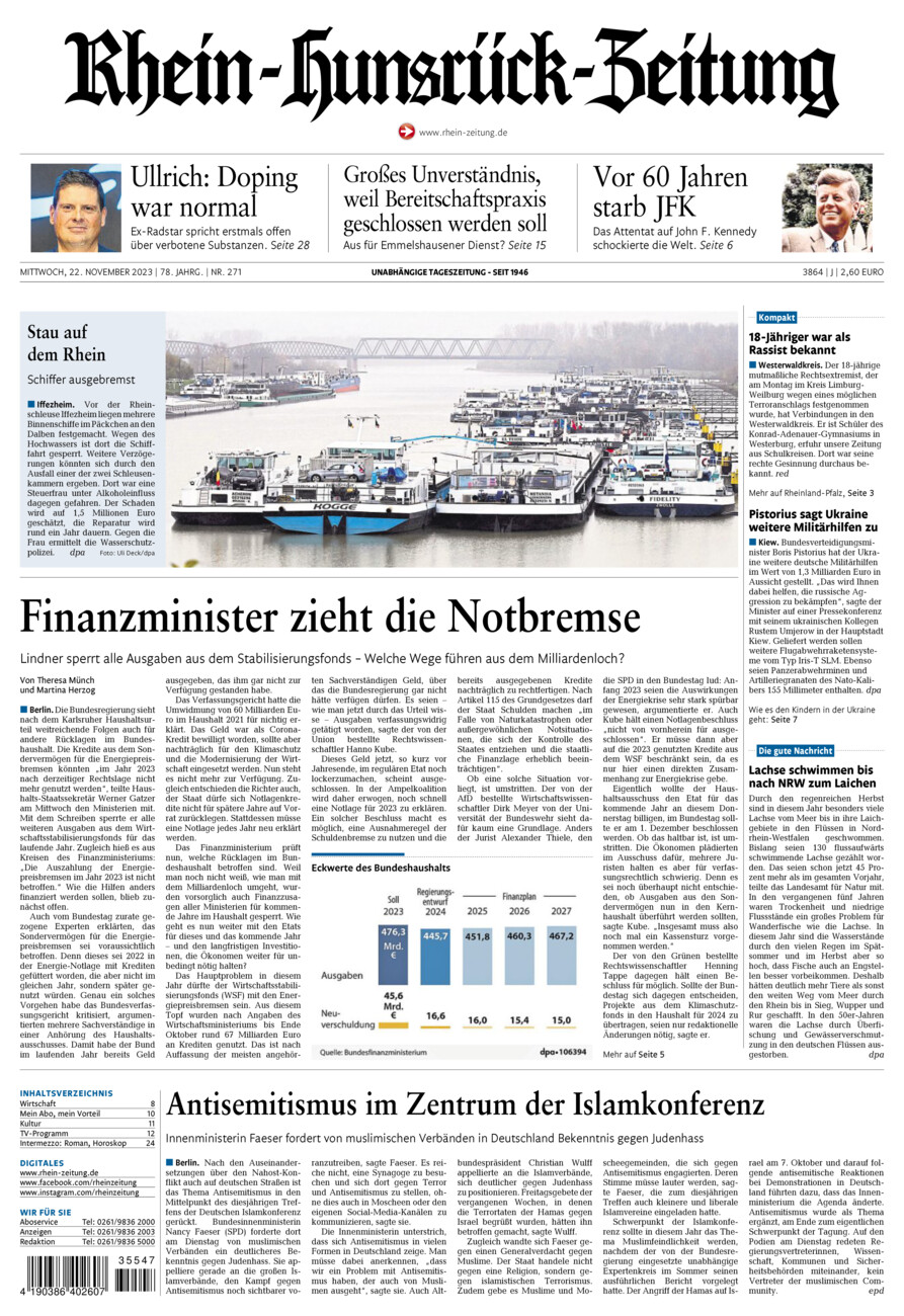 Rhein-Hunsrück-Zeitung vom Mittwoch, 22.11.2023