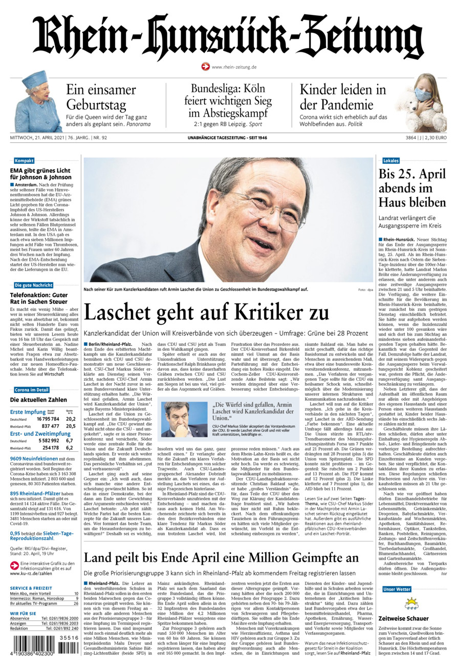 Rhein-Hunsrück-Zeitung vom Mittwoch, 21.04.2021