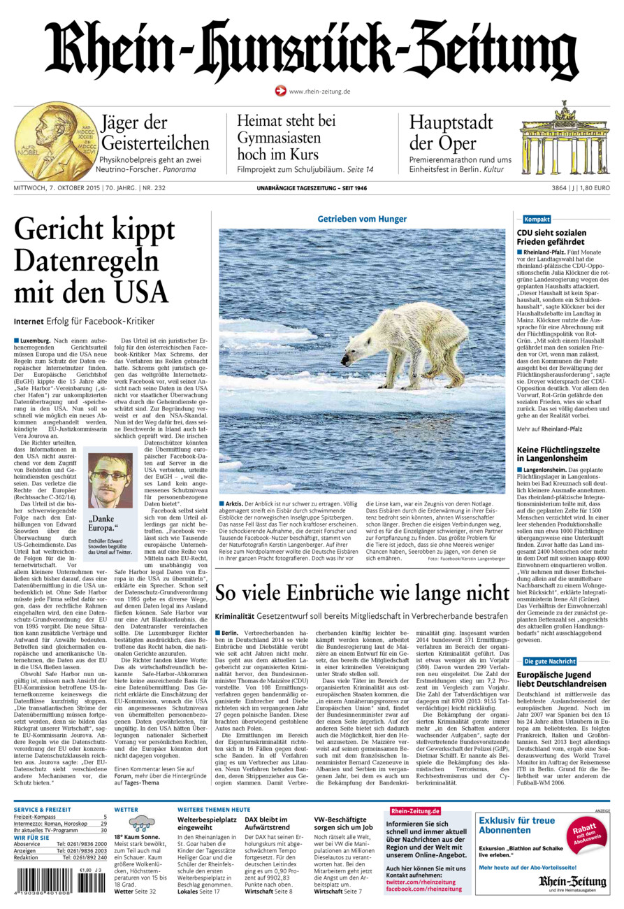 Rhein-Hunsrück-Zeitung vom Mittwoch, 07.10.2015