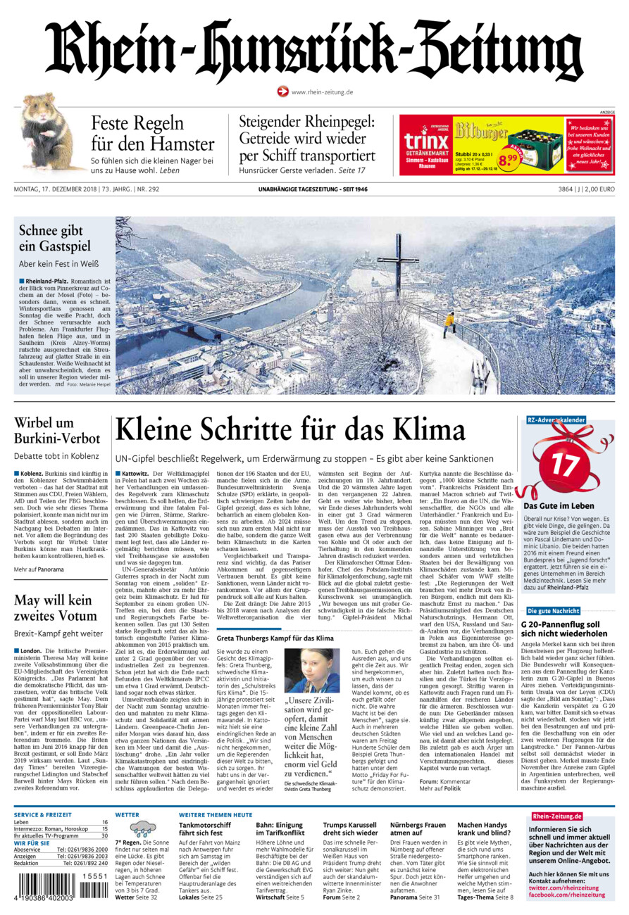 Rhein-Hunsrück-Zeitung vom Montag, 17.12.2018