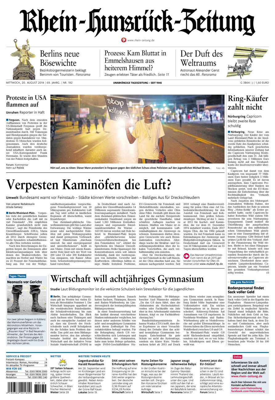 Rhein-Hunsrück-Zeitung vom Mittwoch, 20.08.2014
