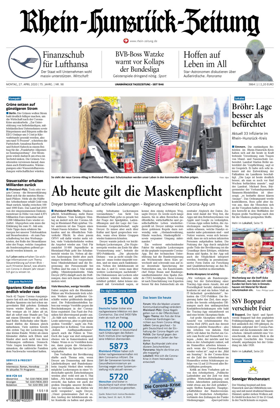 Rhein-Hunsrück-Zeitung vom Montag, 27.04.2020