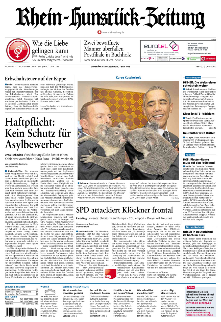 Rhein-Hunsrück-Zeitung vom Montag, 17.11.2014