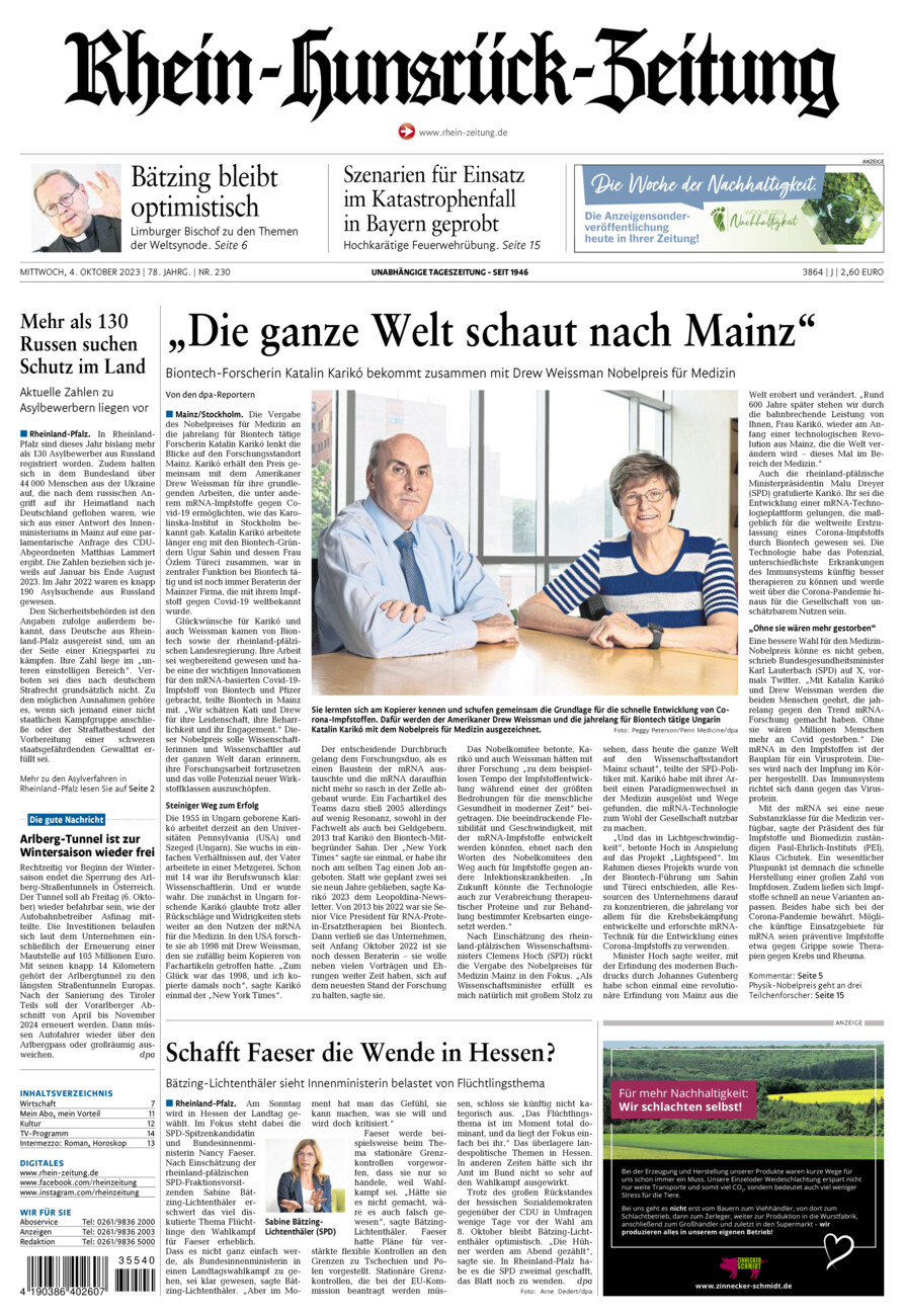 Rhein-Hunsrück-Zeitung vom Mittwoch, 04.10.2023