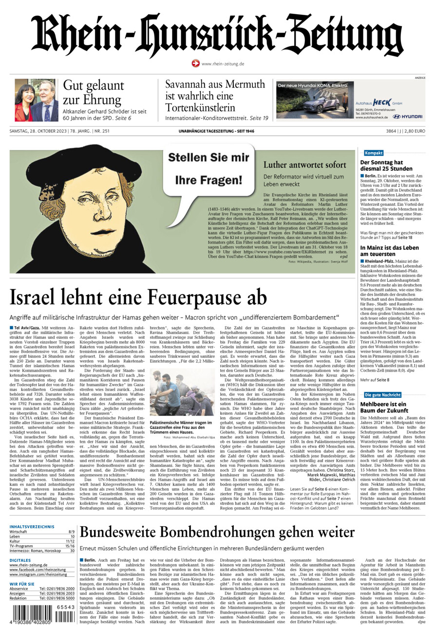 Rhein-Hunsrück-Zeitung vom Samstag, 28.10.2023
