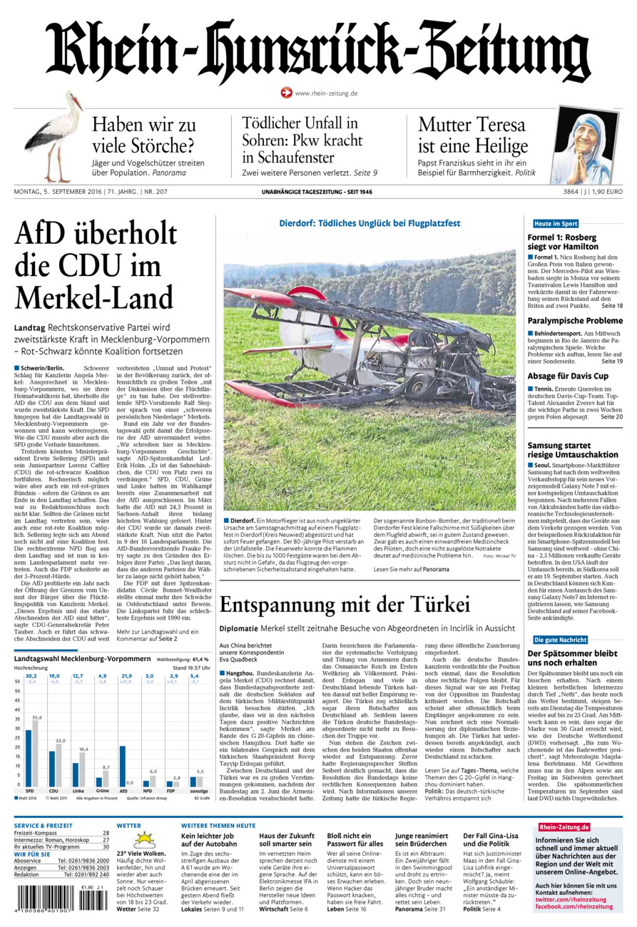 Rhein-Hunsrück-Zeitung vom Montag, 05.09.2016