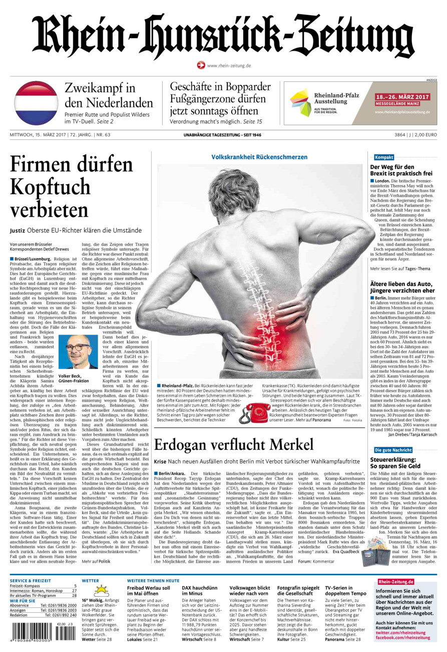 Rhein-Hunsrück-Zeitung vom Mittwoch, 15.03.2017