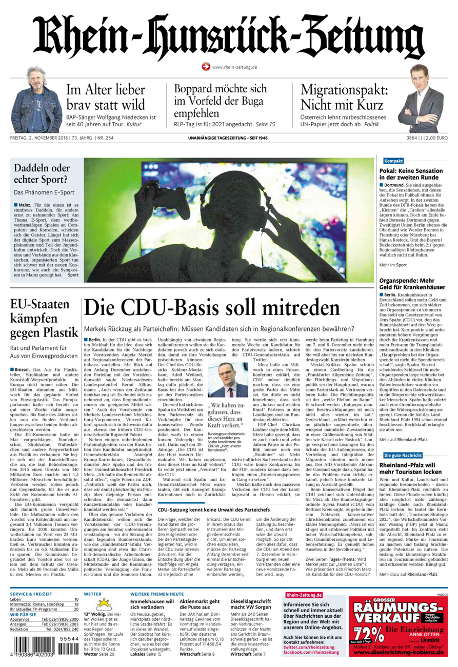 Rhein-Hunsrück-Zeitung vom Freitag, 02.11.2018