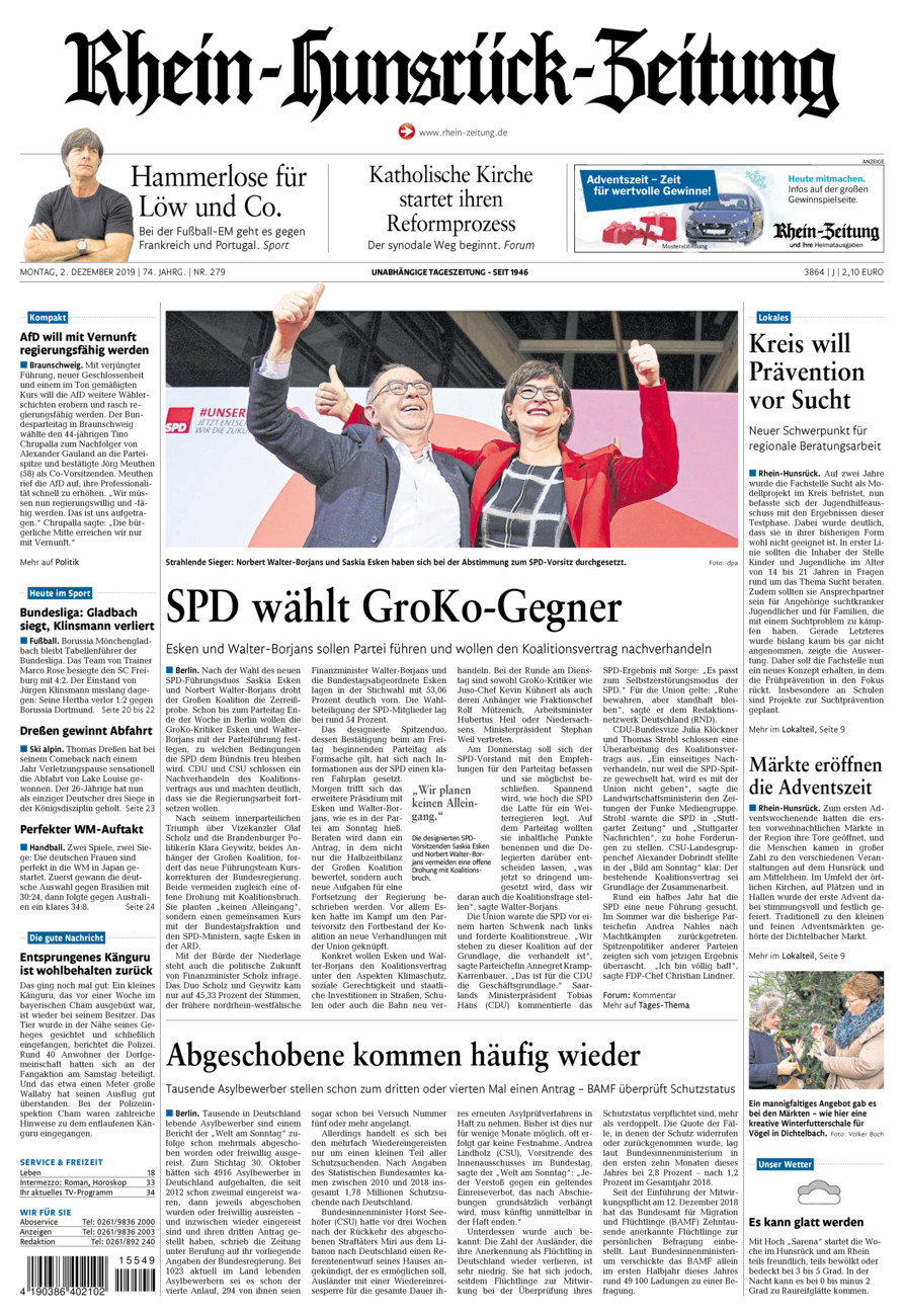 Rhein-Hunsrück-Zeitung vom Montag, 02.12.2019