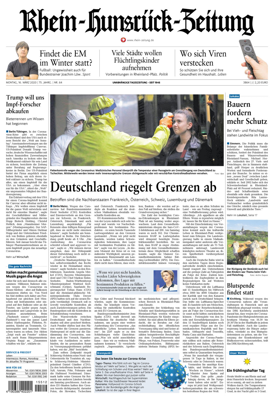 Rhein-Hunsrück-Zeitung vom Montag, 16.03.2020