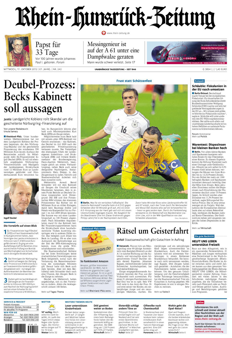 Rhein-Hunsrück-Zeitung vom Mittwoch, 17.10.2012