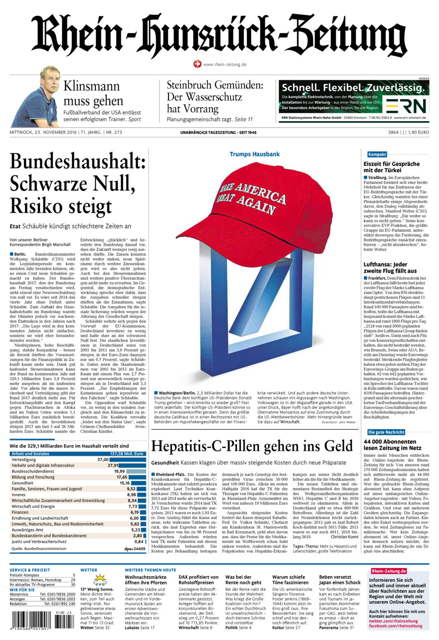 Rhein-Hunsrück-Zeitung vom Mittwoch, 23.11.2016