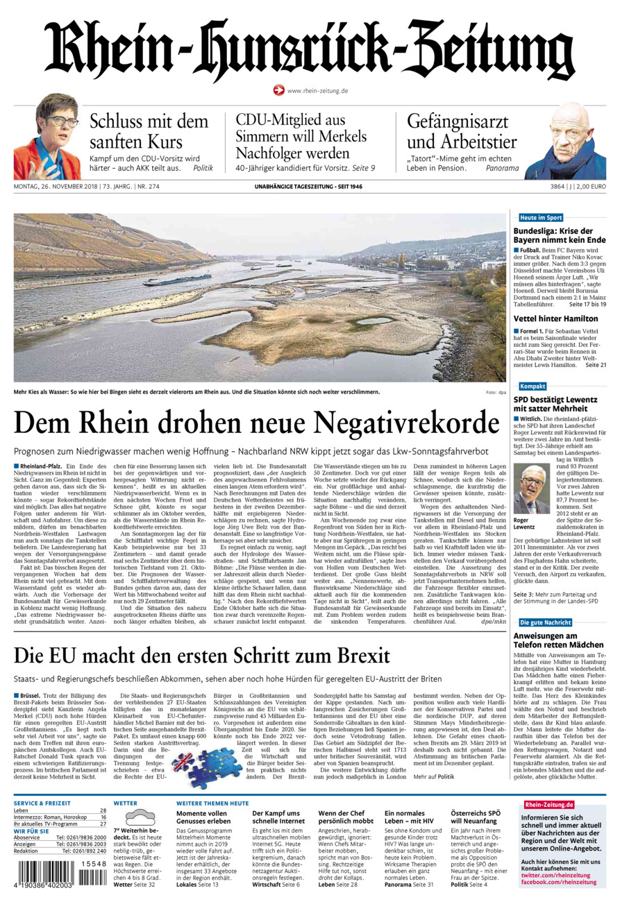 Rhein-Hunsrück-Zeitung vom Montag, 26.11.2018