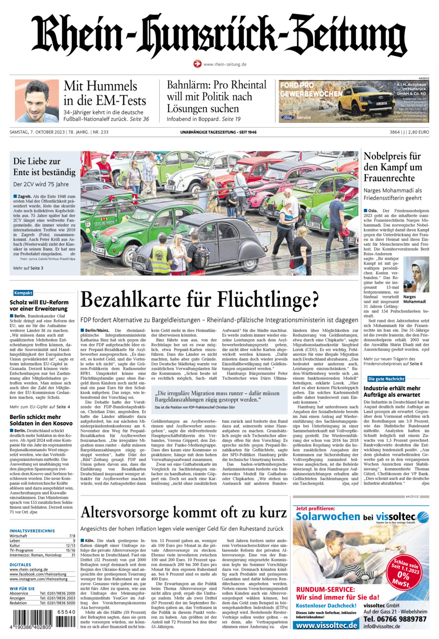Rhein-Hunsrück-Zeitung vom Samstag, 07.10.2023