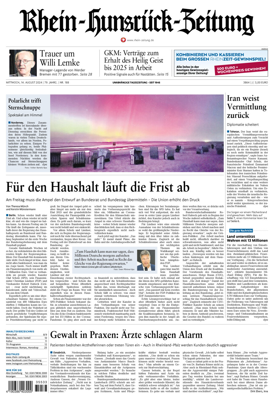 Rhein-Hunsrück-Zeitung vom Mittwoch, 14.08.2024