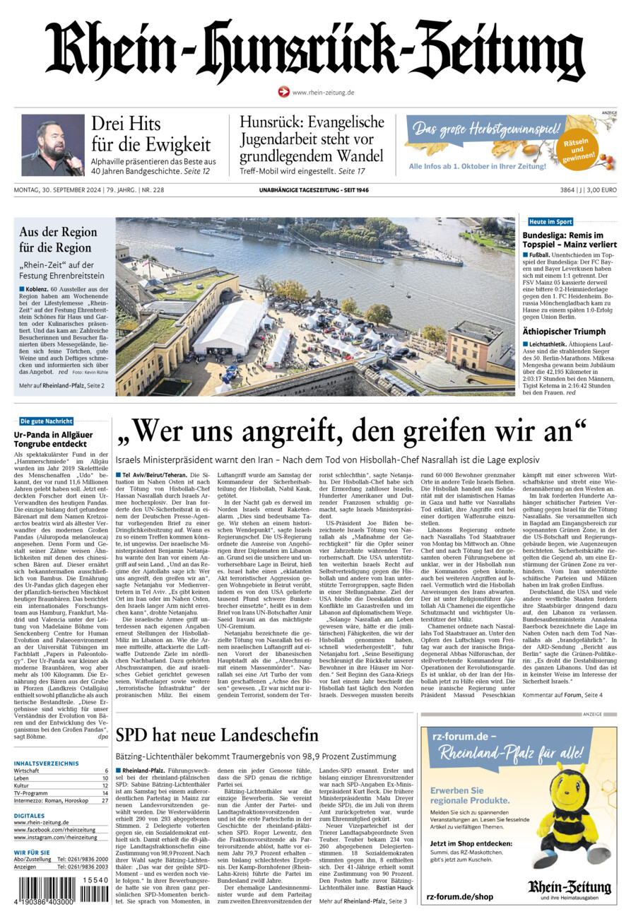 Rhein-Hunsrück-Zeitung vom Montag, 30.09.2024