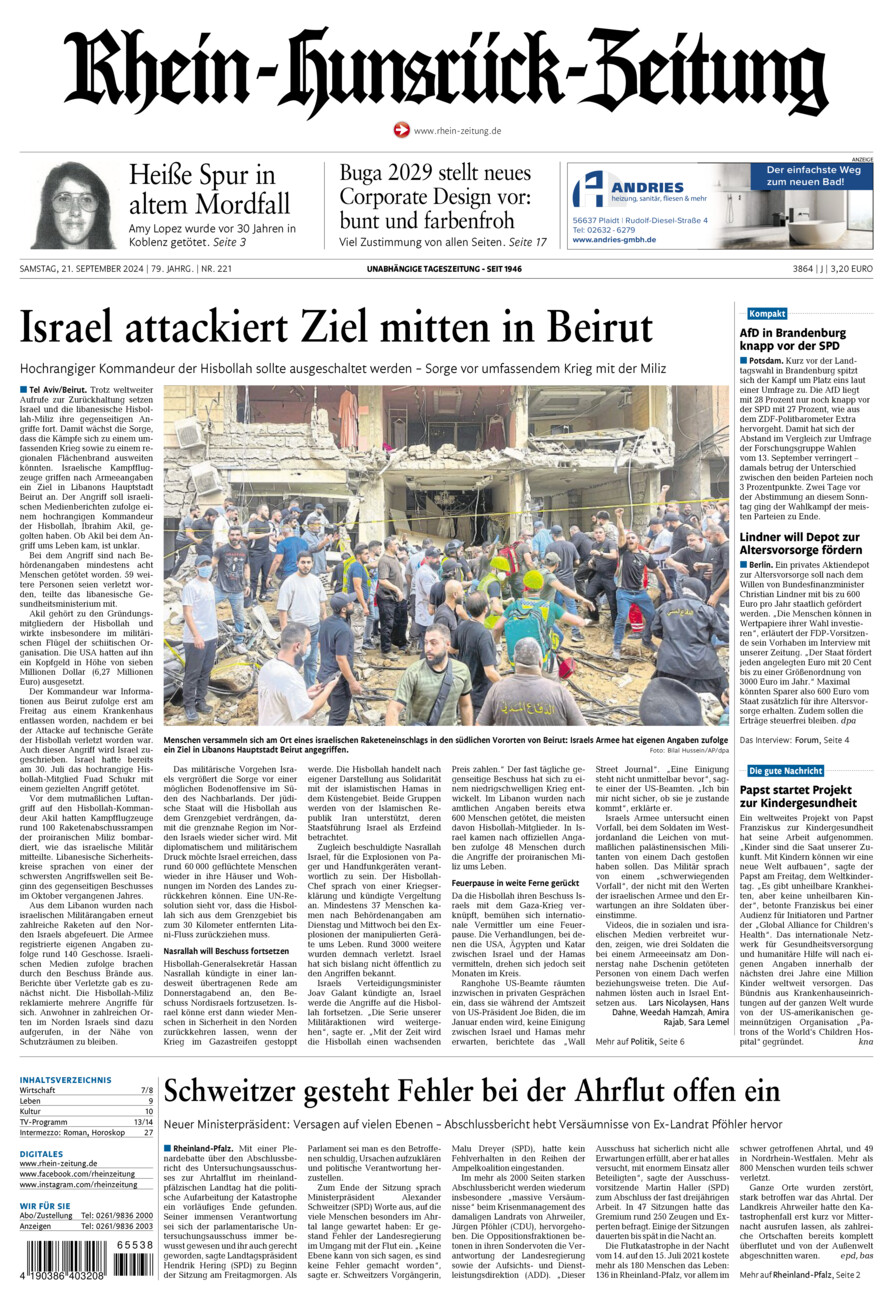 Rhein-Hunsrück-Zeitung vom Samstag, 21.09.2024