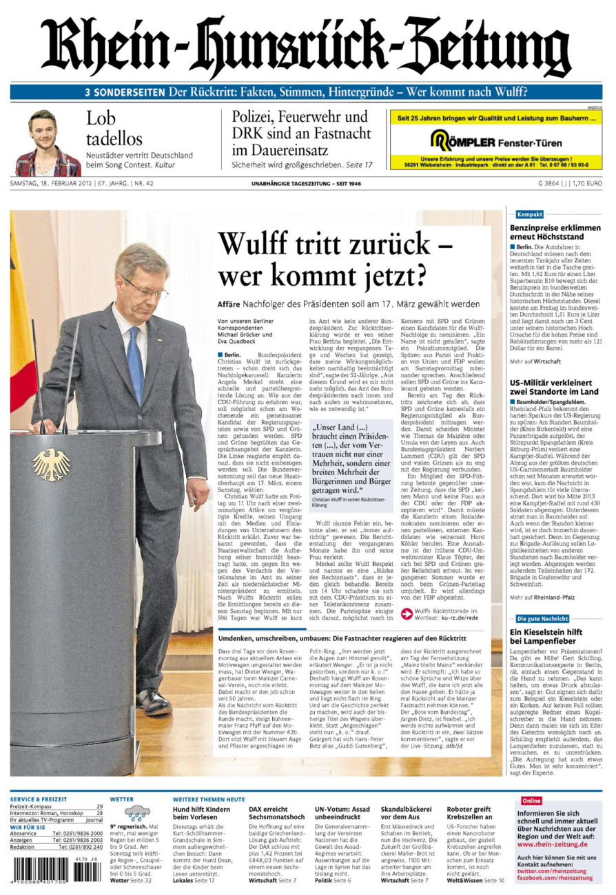 Rhein-Hunsrück-Zeitung vom Samstag, 18.02.2012