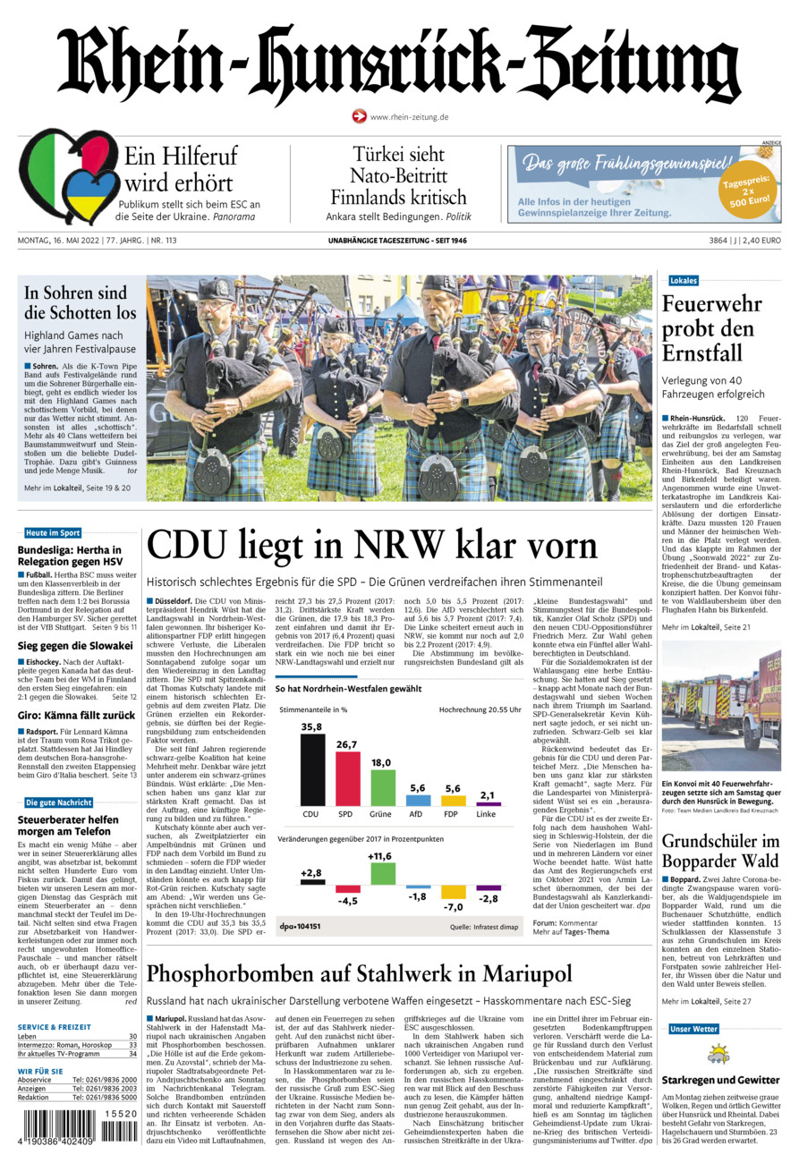 Rhein-Hunsrück-Zeitung vom Montag, 16.05.2022