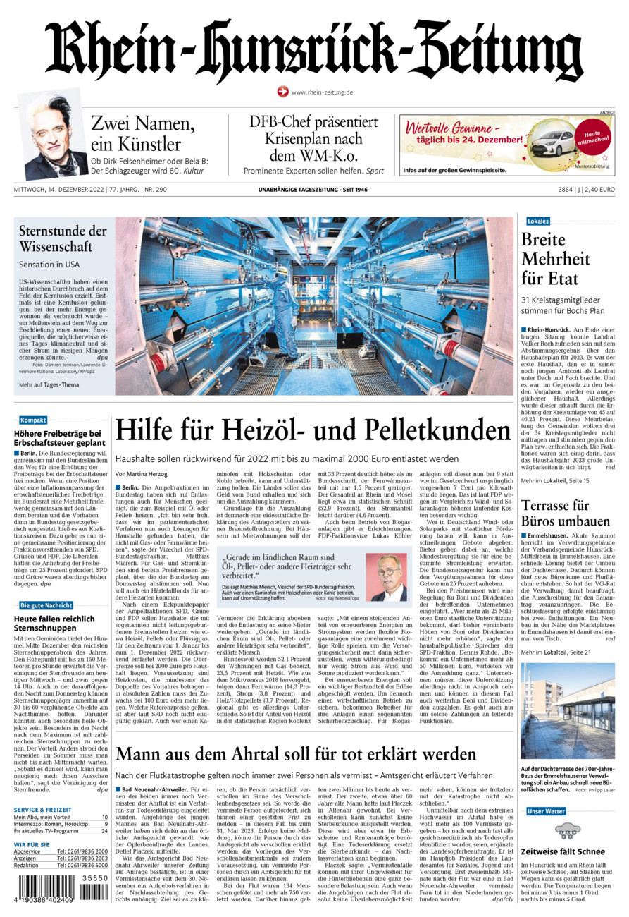 Rhein-Hunsrück-Zeitung vom Mittwoch, 14.12.2022
