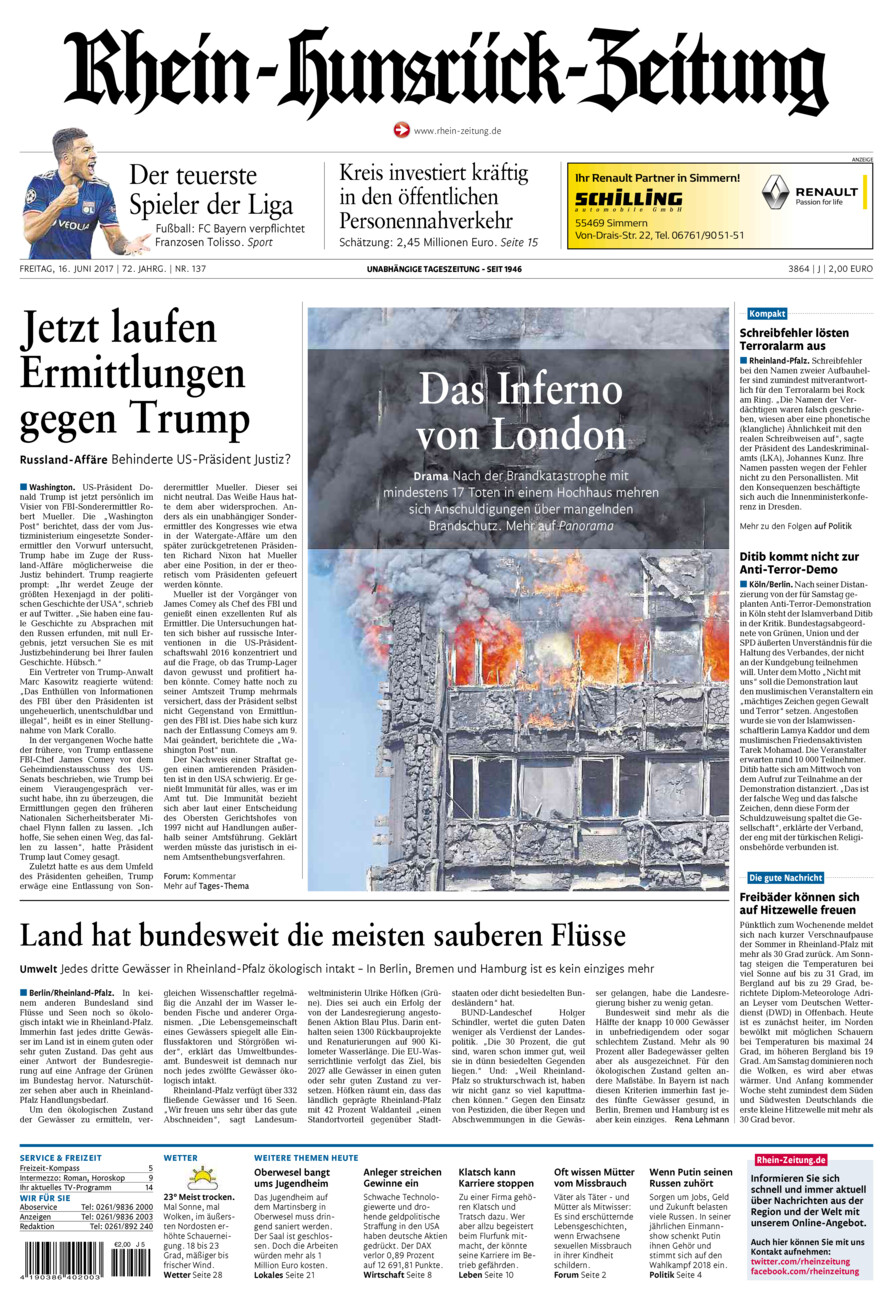 Rhein-Hunsrück-Zeitung vom Freitag, 16.06.2017