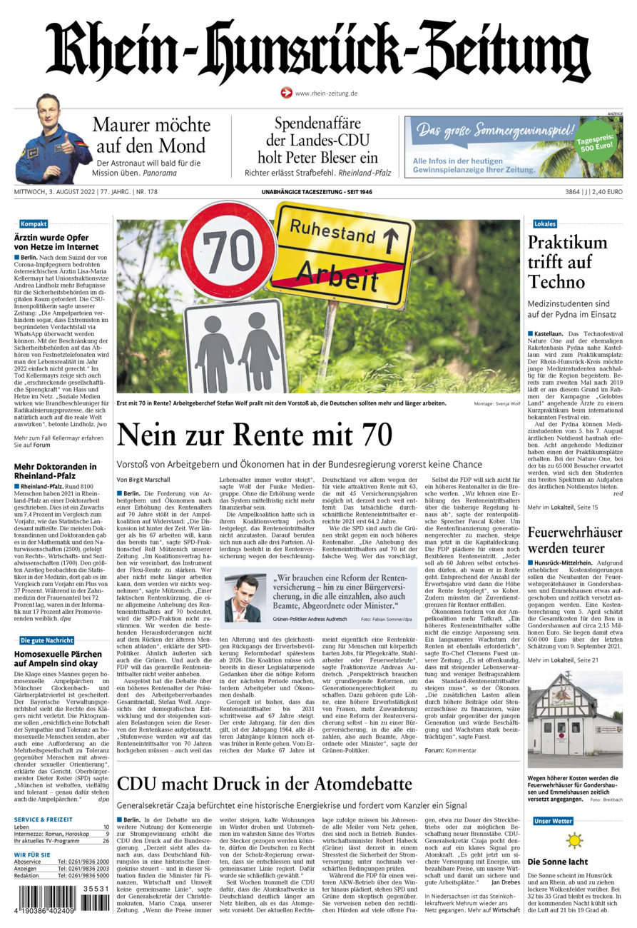 Rhein-Hunsrück-Zeitung vom Mittwoch, 03.08.2022