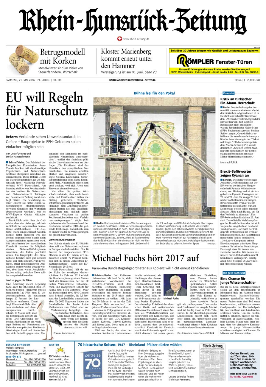 Rhein-Hunsrück-Zeitung vom Samstag, 21.05.2016