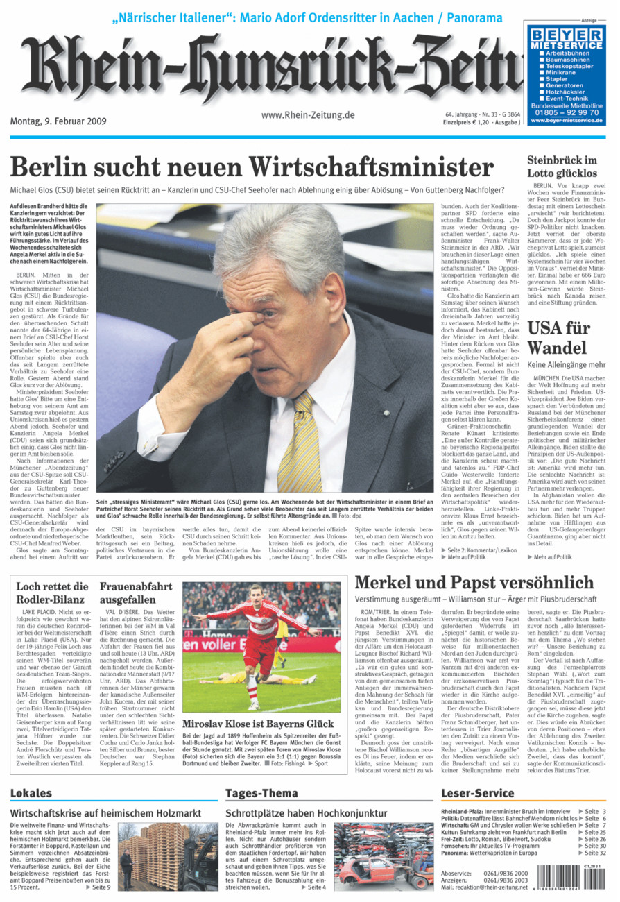 Rhein-Hunsrück-Zeitung vom Montag, 09.02.2009