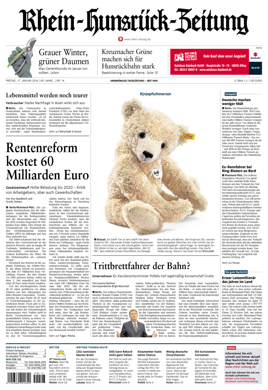 Rhein-Hunsrück-Zeitung vom Freitag, 17.01.2014