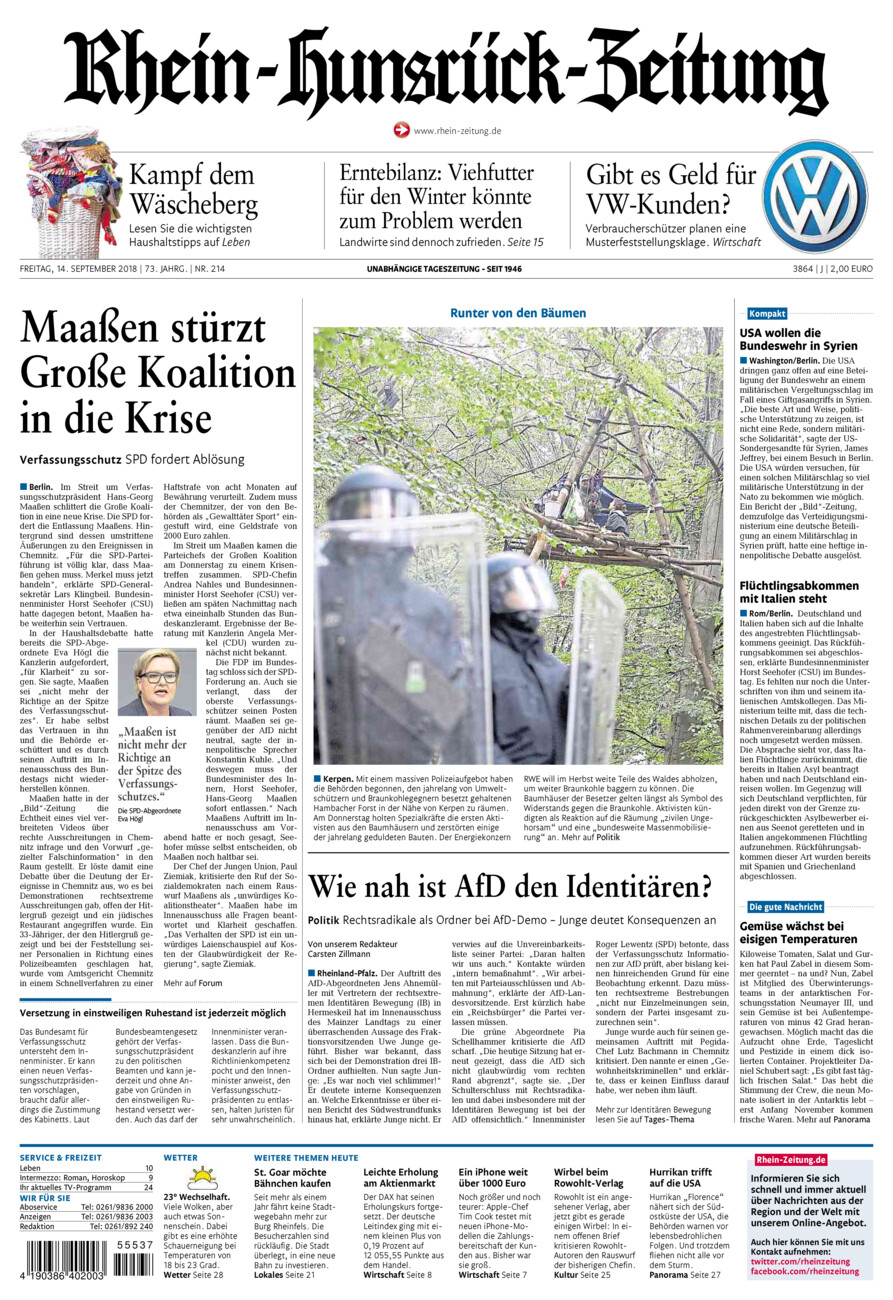 Rhein-Hunsrück-Zeitung vom Freitag, 14.09.2018