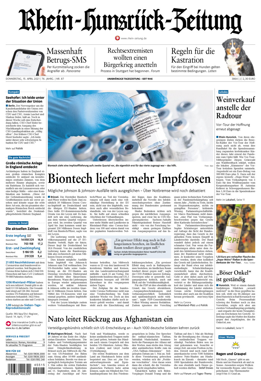 Rhein-Hunsrück-Zeitung vom Donnerstag, 15.04.2021