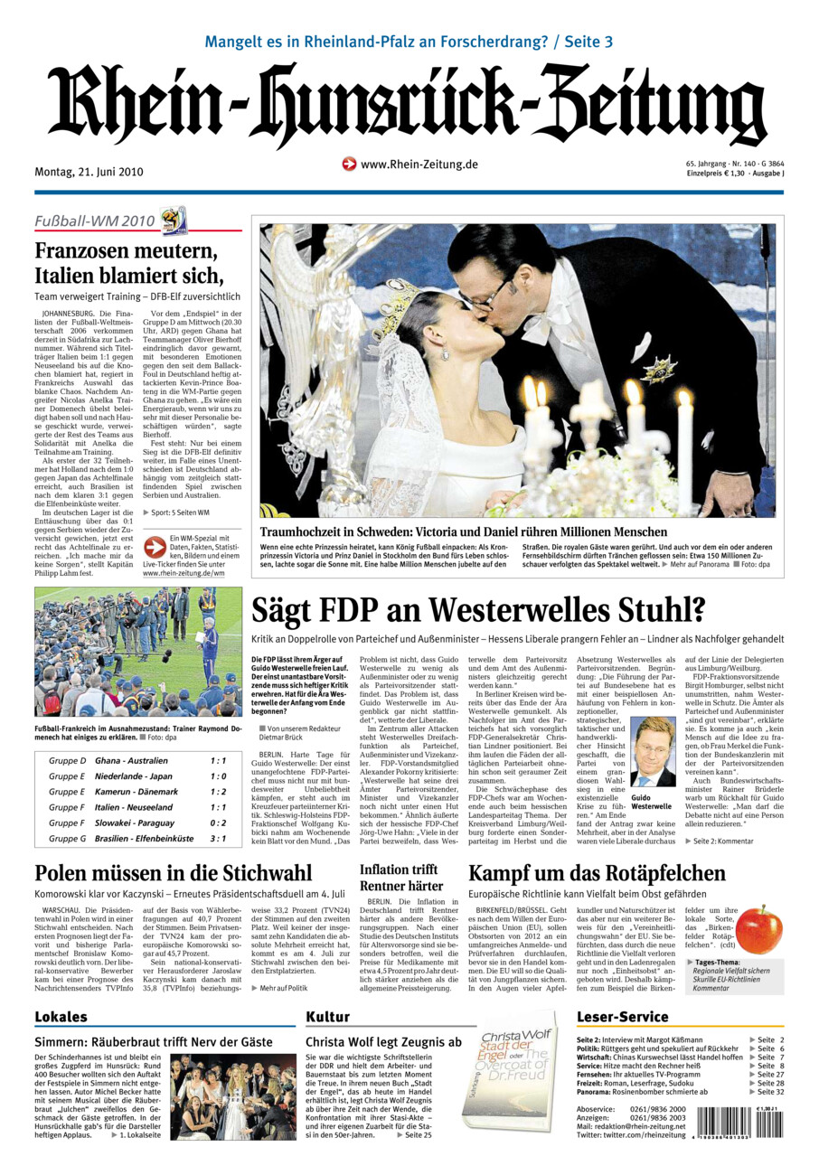 Rhein-Hunsrück-Zeitung vom Montag, 21.06.2010