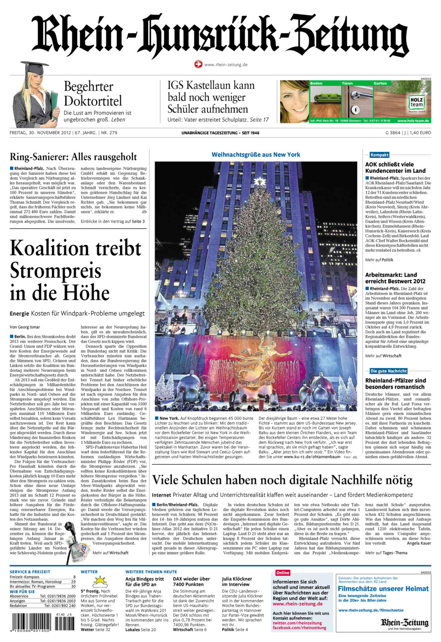 Rhein-Hunsrück-Zeitung vom Freitag, 30.11.2012