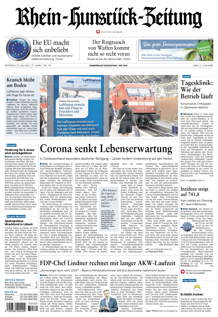 Rhein-Hunsrück-Zeitung vom Mittwoch, 27.07.2022