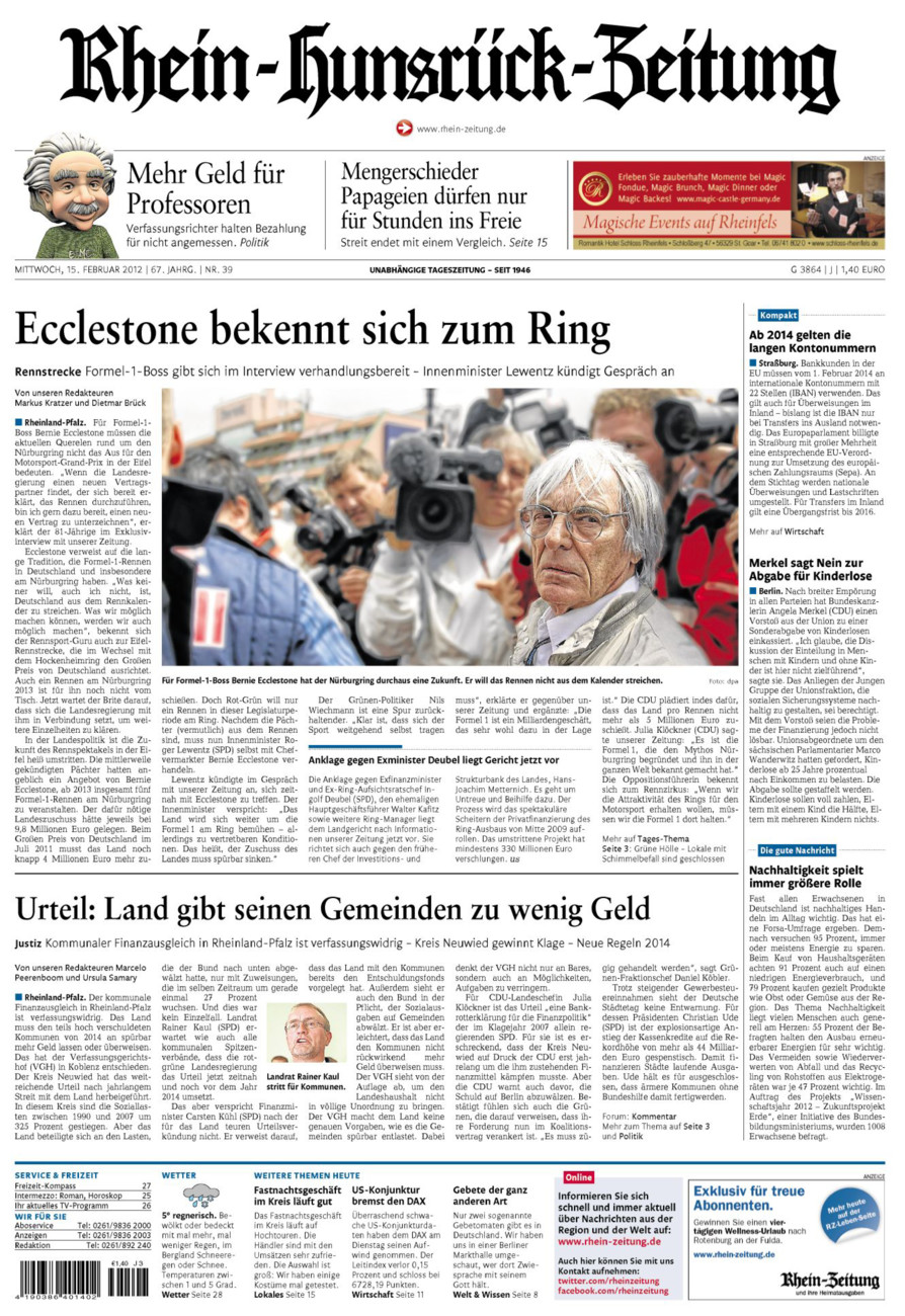 Rhein-Hunsrück-Zeitung vom Mittwoch, 15.02.2012