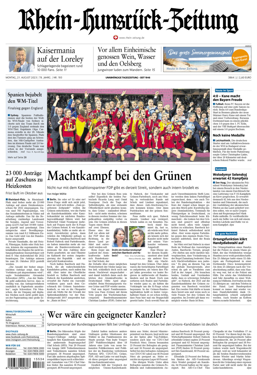 Rhein-Hunsrück-Zeitung vom Montag, 21.08.2023