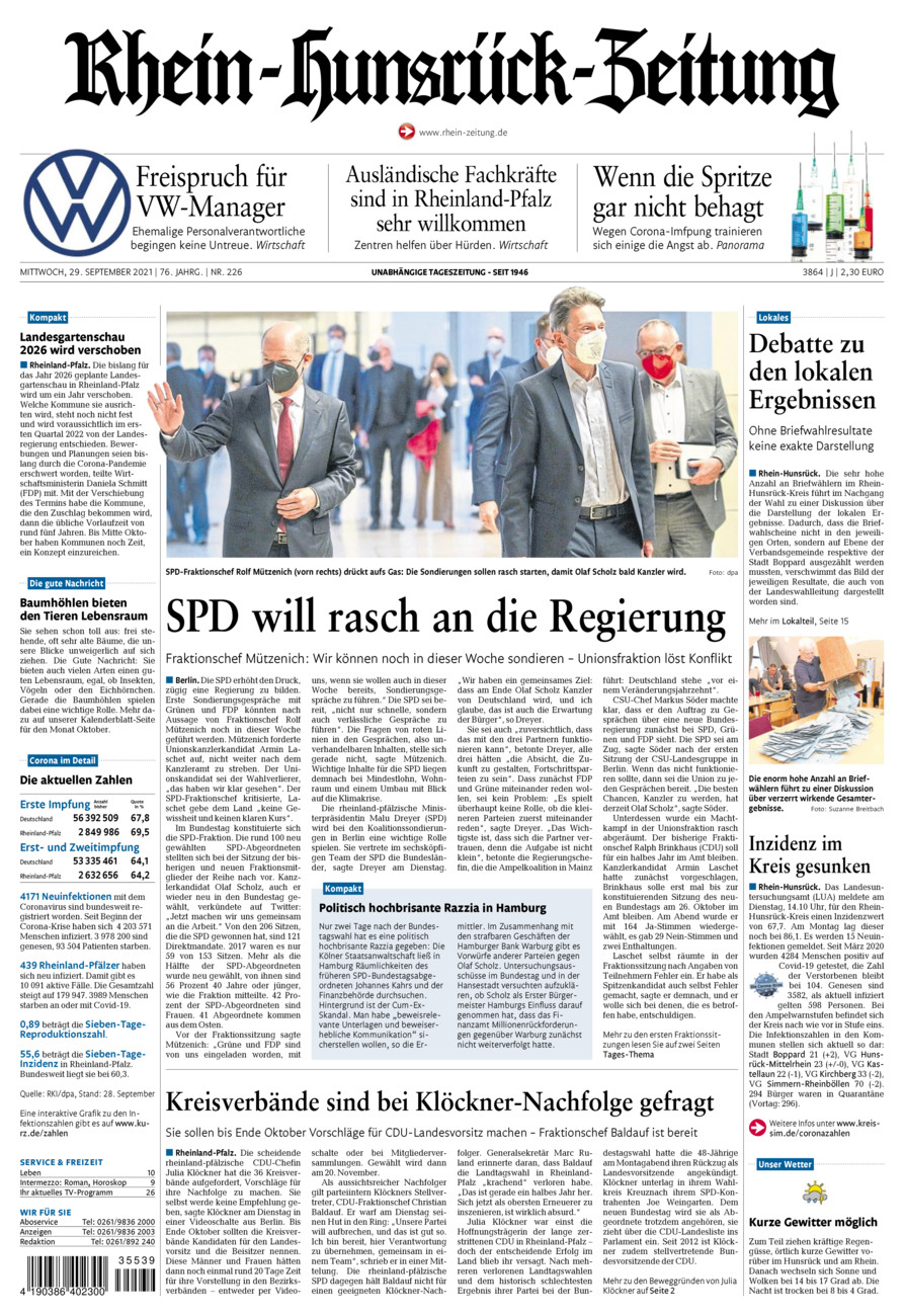 Rhein-Hunsrück-Zeitung vom Mittwoch, 29.09.2021