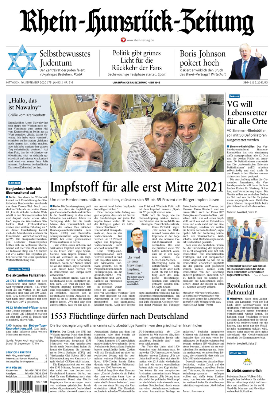 Rhein-Hunsrück-Zeitung vom Mittwoch, 16.09.2020
