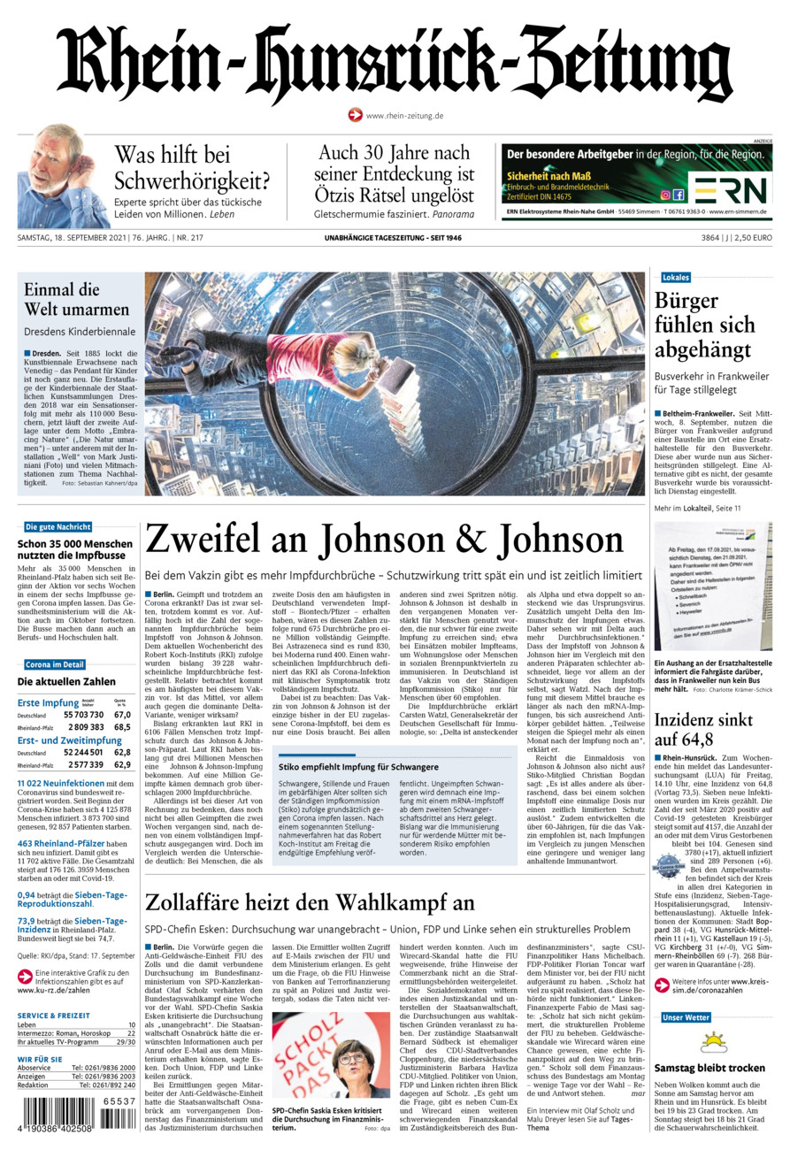 Rhein-Hunsrück-Zeitung vom Samstag, 18.09.2021
