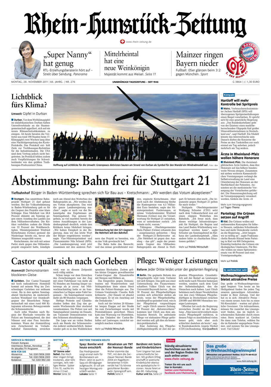 Rhein-Hunsrück-Zeitung vom Montag, 28.11.2011
