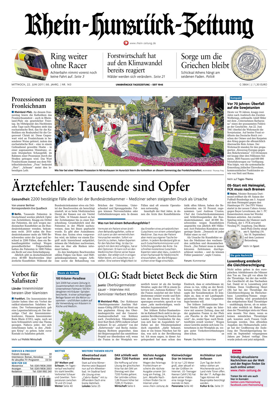 Rhein-Hunsrück-Zeitung vom Mittwoch, 22.06.2011