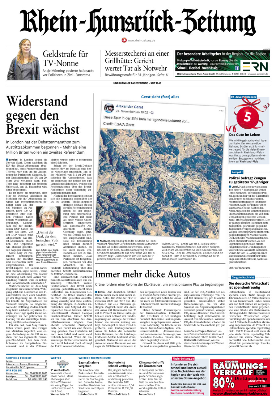 Rhein-Hunsrück-Zeitung vom Mittwoch, 05.12.2018