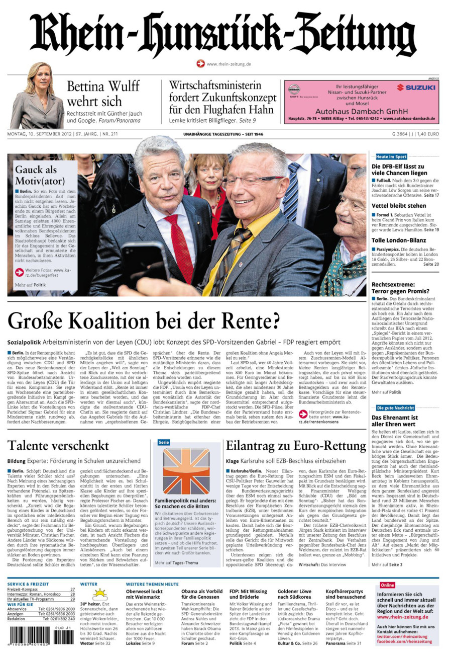 Rhein-Hunsrück-Zeitung vom Montag, 10.09.2012