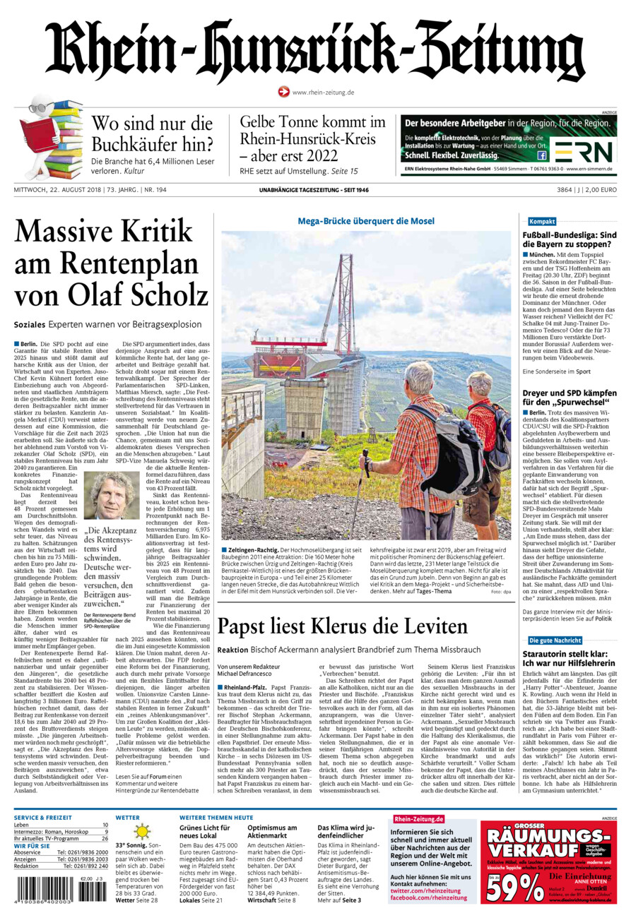 Rhein-Hunsrück-Zeitung vom Mittwoch, 22.08.2018
