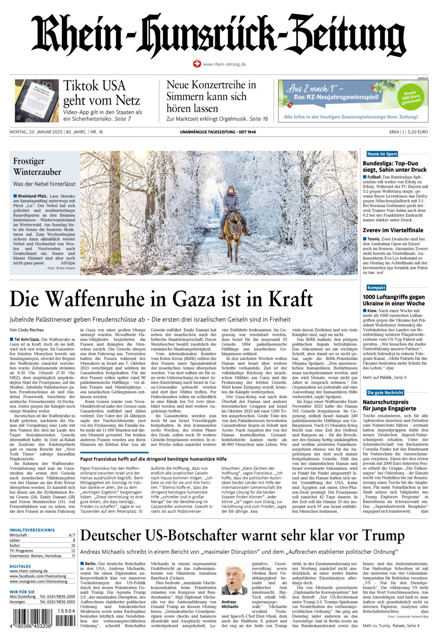 Rhein-Hunsrück-Zeitung vom Montag, 20.01.2025