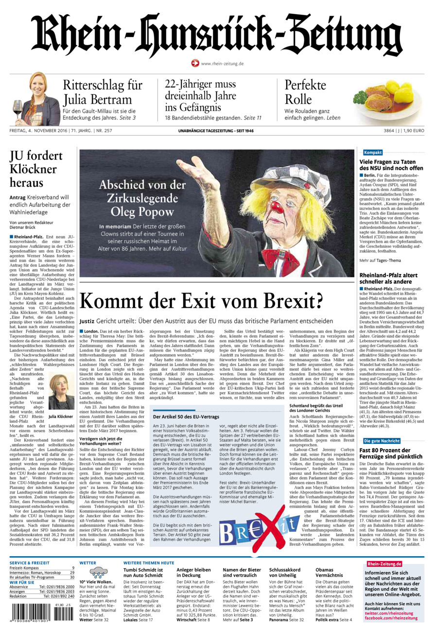 Rhein-Hunsrück-Zeitung vom Freitag, 04.11.2016
