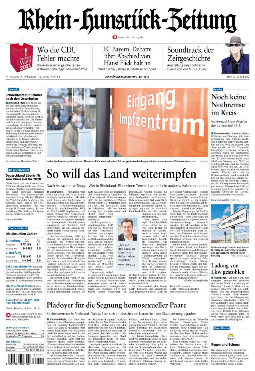 Rhein-Hunsrück-Zeitung vom Mittwoch, 17.03.2021