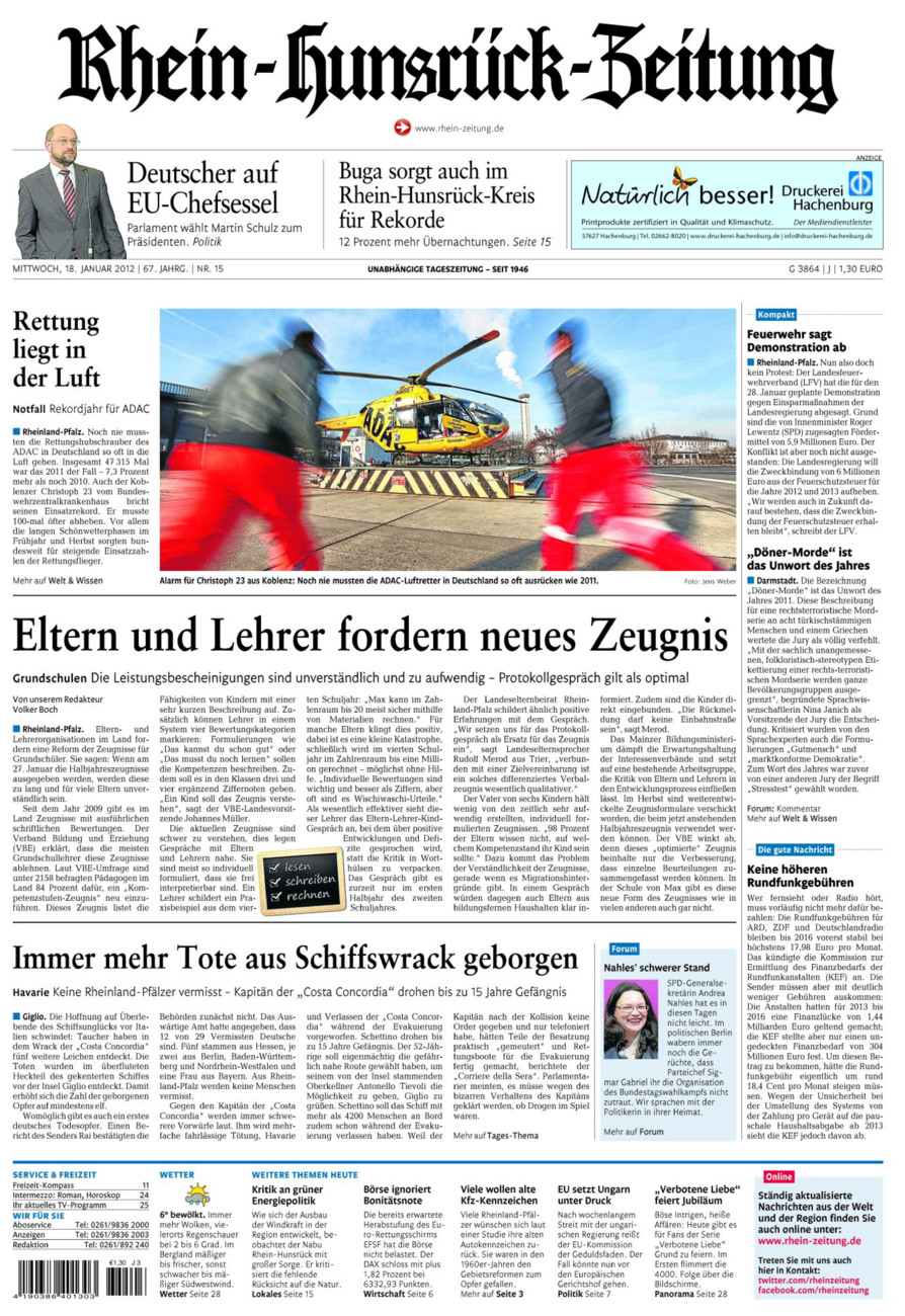 Rhein-Hunsrück-Zeitung vom Mittwoch, 18.01.2012
